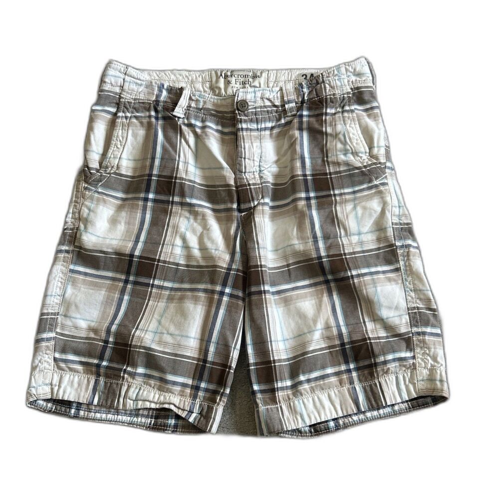Abercrombie Fitch Shorts Mens 34 Heavyweight Plaid Brown Cream Button Fly